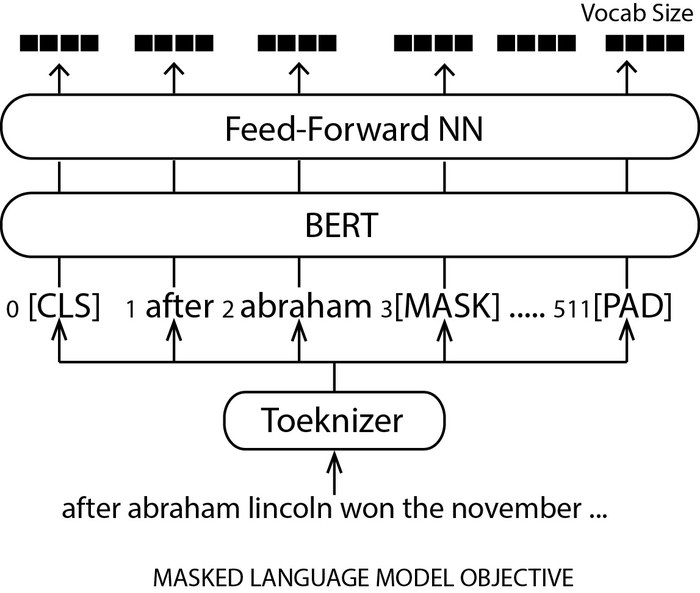 BERT MLM diagram: the sentence 'after abraham lincoln won the november ...' passes through a Tokenizer producing tokens 0 [CLS], 1 after, 2 abraham, 3 [MASK], up to 511 [PAD]; these feed into BERT, then a Feed-Forward NN, producing a vocab-size output distribution at every position, including at the [MASK] position
